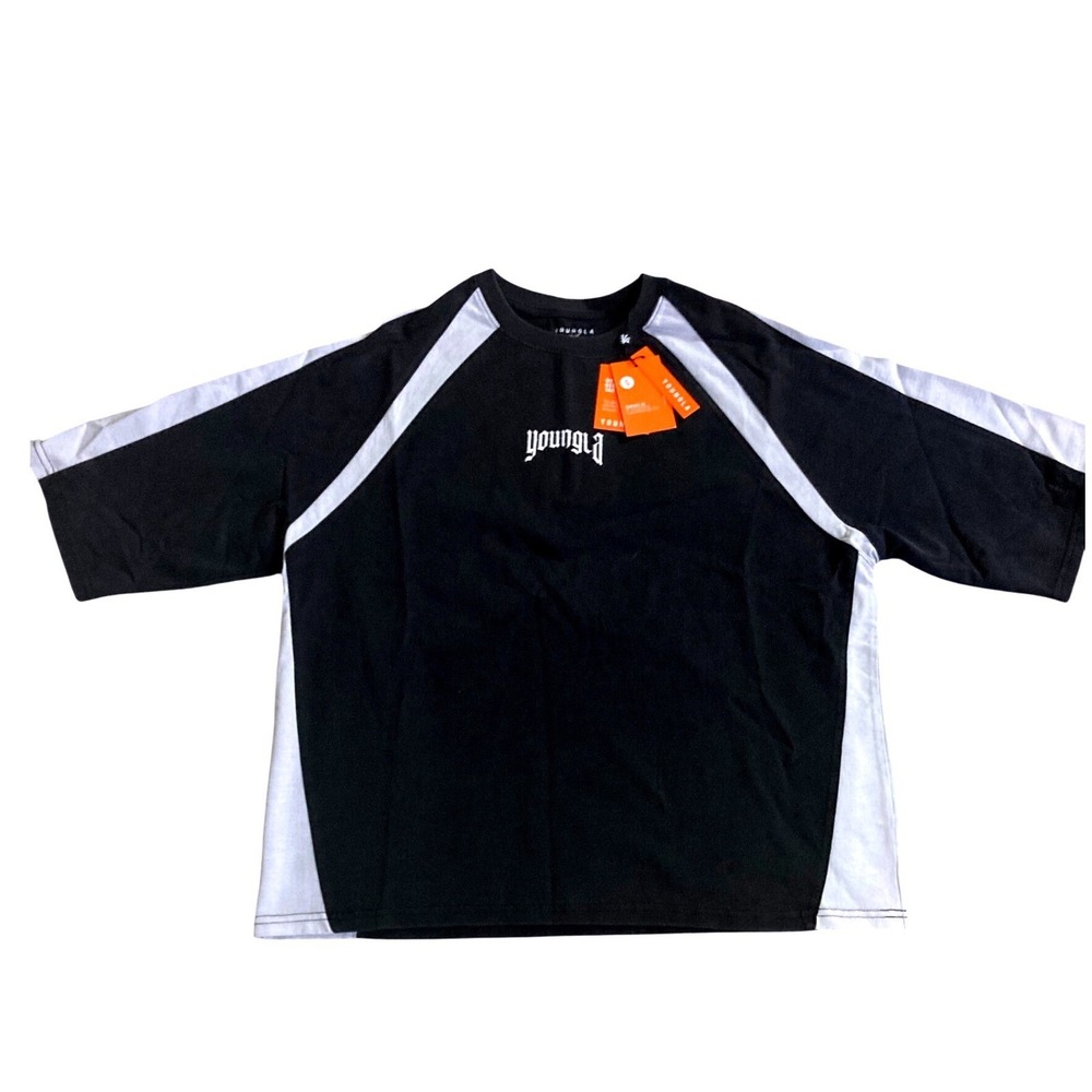 YoungLA Mens Oversized Gym T-Shirt Black White Colorblock Embroidered Logo Small